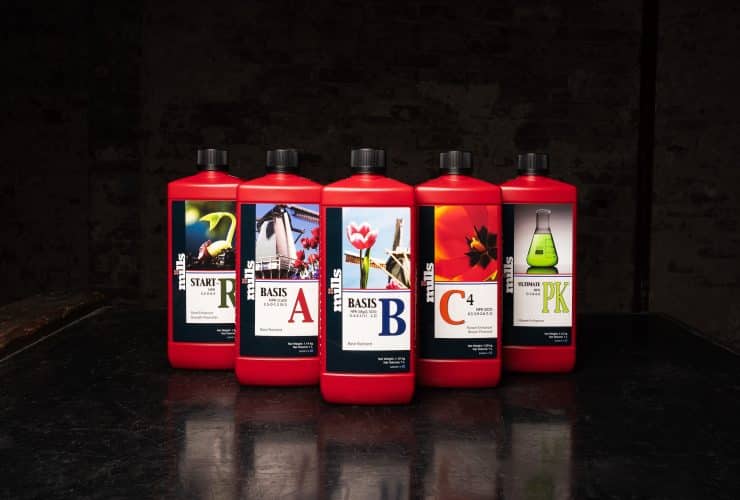Mills Nutrients full 1L collection on red background with Start-R, Basis, C4, Ultimate PK, Vitalize, CalMag, and pH+/- bottles