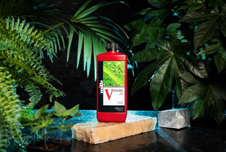 Red bottle of Mills Vitalize silicon additive surrounded by green tropical plants, displayed upright on stone blocks under dramatic grow lighting.