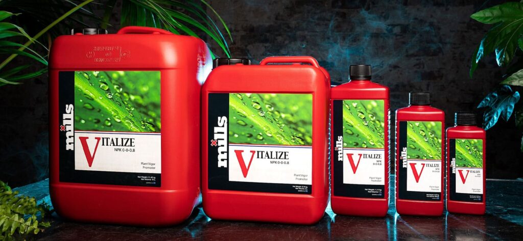 Range of Mills Vitalize bottles in multiple sizes with plants; silicon (silicic acid) additive for resilience and efficient uptake.