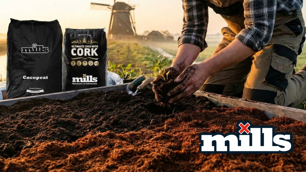 Gardener planting into raised bed using Mills Cocopeat and Cork substrate, with Dutch windmill in background at sunrise. Hands-on soil transition supported by Mills Nutrients & Substrates.