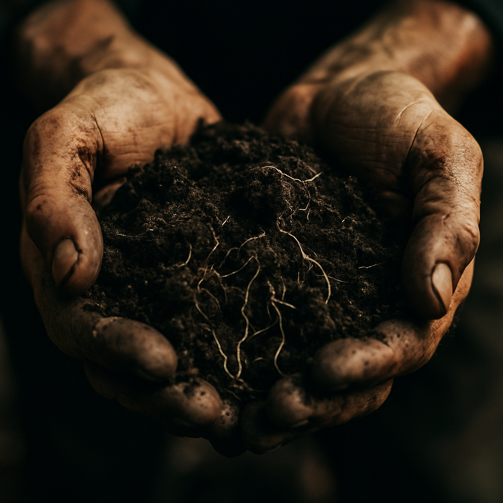 “Dirty hands holding organic soil with exposed roots – symbolising healthy root structure before transitioning from soil to coco.”