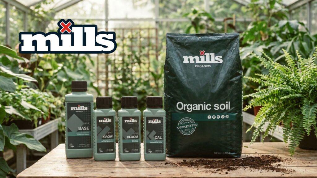 Mills Organics range with Organic Soil, Base, Grow, Bloom and Cal in a greenhouse, OMRI Listed organic nutrients