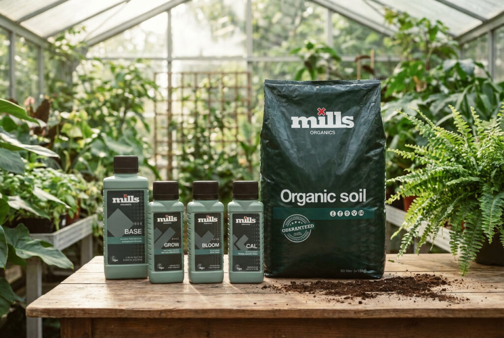 Mills Organics Base Grow Bloom and Cal lineup in soil, OMRI Listed organic plant nutrition