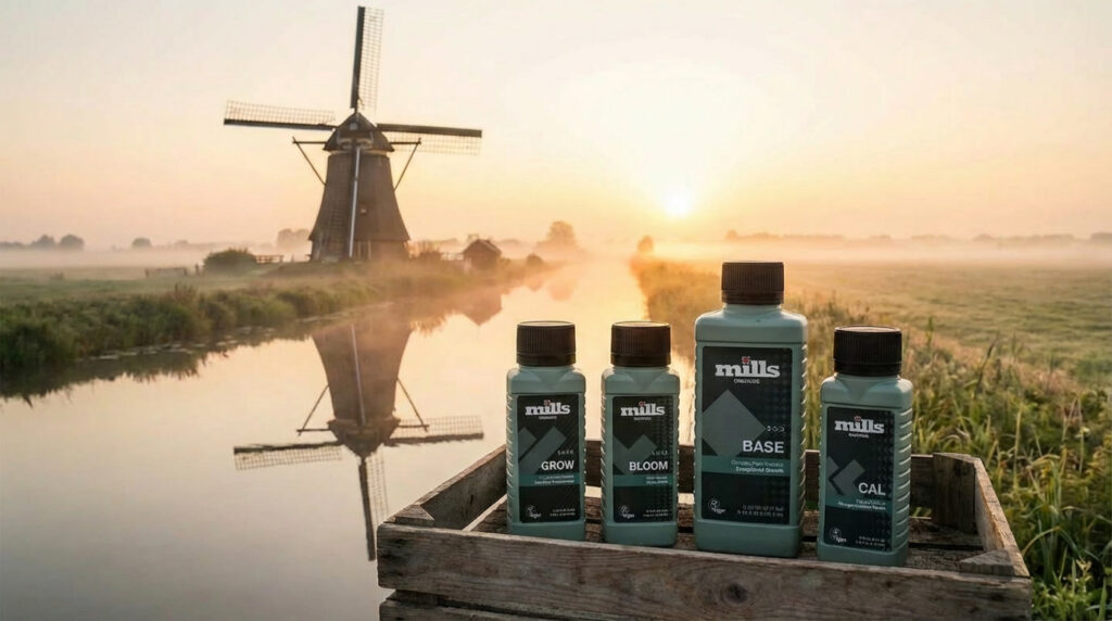 Mills Organics Base Grow Bloom and Cal bottles in a Dutch landscape at sunrise, OMRI Listed organic nutrients