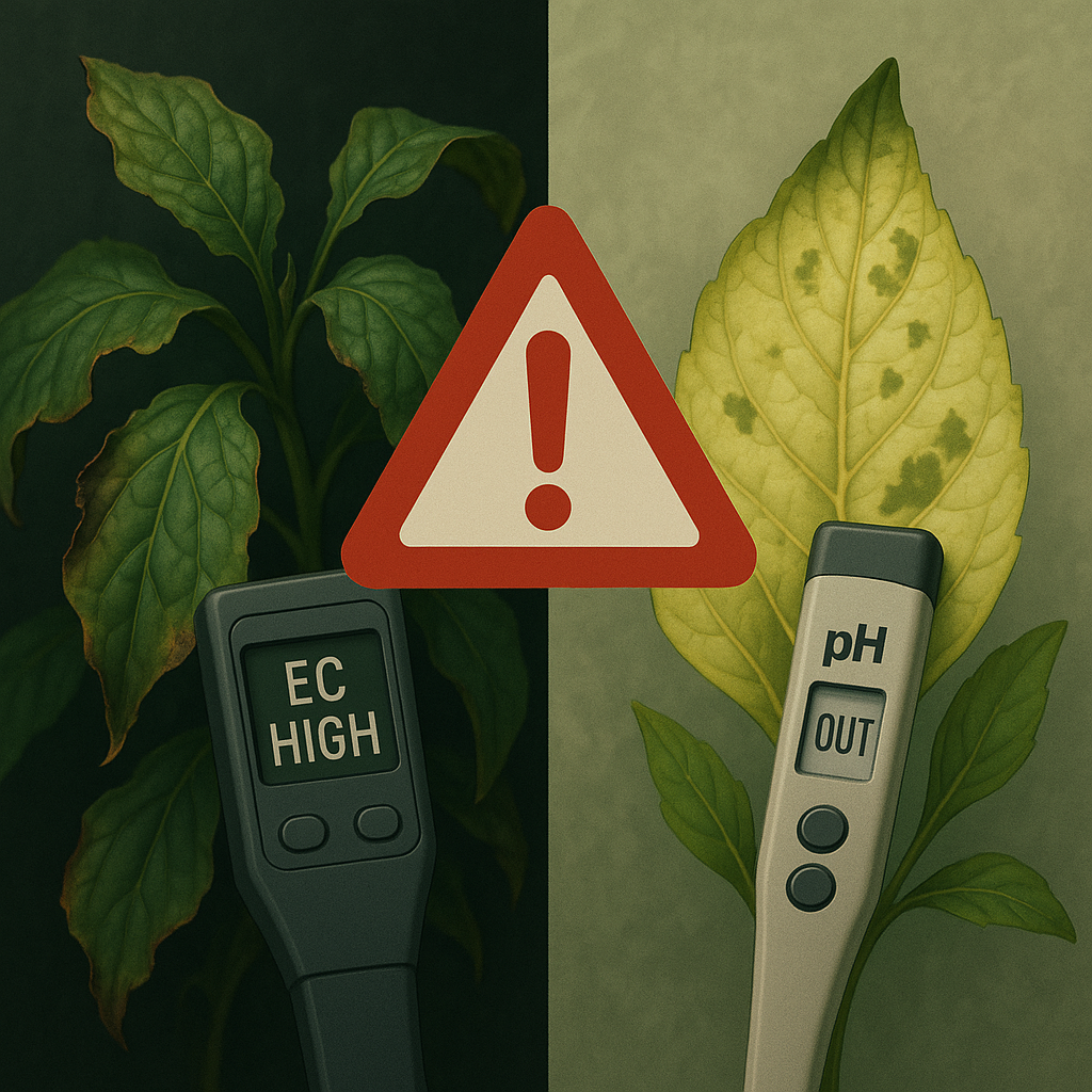 Illustration, die Warnungen für hohen EC-Wert und falschen pH-Wert zeigt, die mit Symptomen einer Nährstoffsperre bei Pflanzen verknüpft sind. Optimaler pH-Wert für das Pflanzenwachstum.