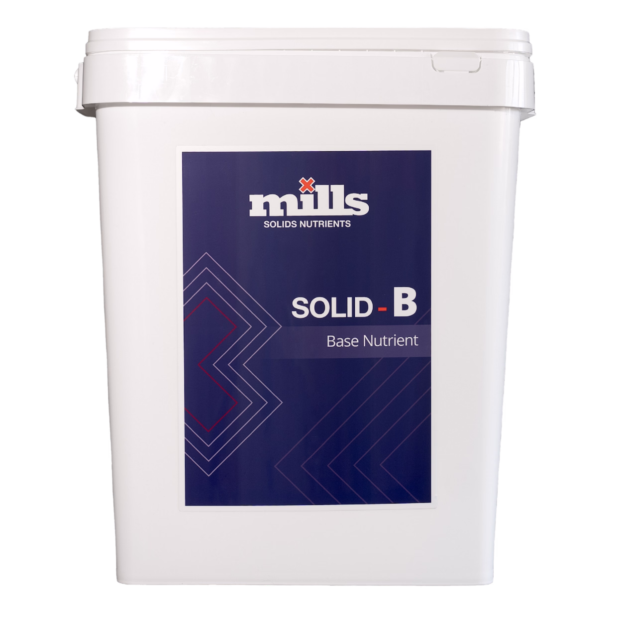 Weißer Eimer von Solids Basis B mit blauem Etikett, das Mills Solids Solid Basis B für lizenzierte Produzenten und den kommerziellen Anbau zeigt.