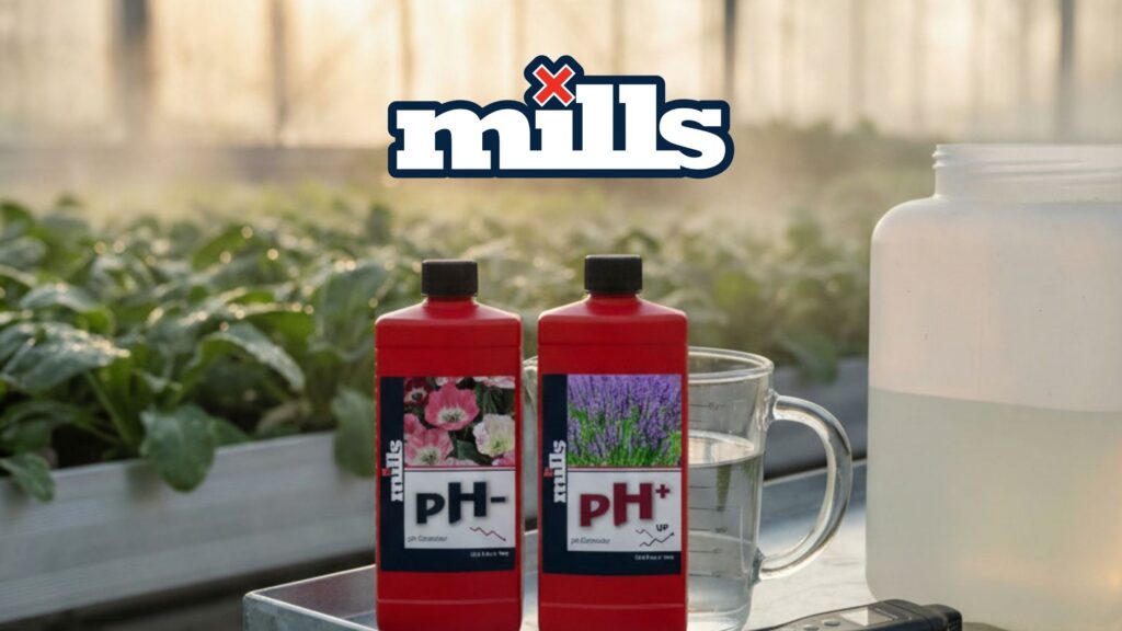 Optimal pH for Plant Growth: Mills pH minus and pH plus with measuring jug and meter for adjusting pH balance for growing mediums in a greenhouse