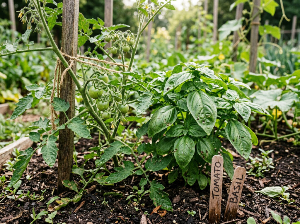 Companion planting for vegetables with basil growing beside tomato plants to support natural pest control.