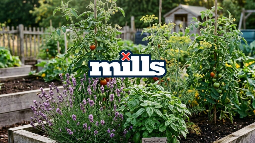 Companion planting for vegetables in a mixed garden with tomatoes, basil and lavender growing together in raised beds.
