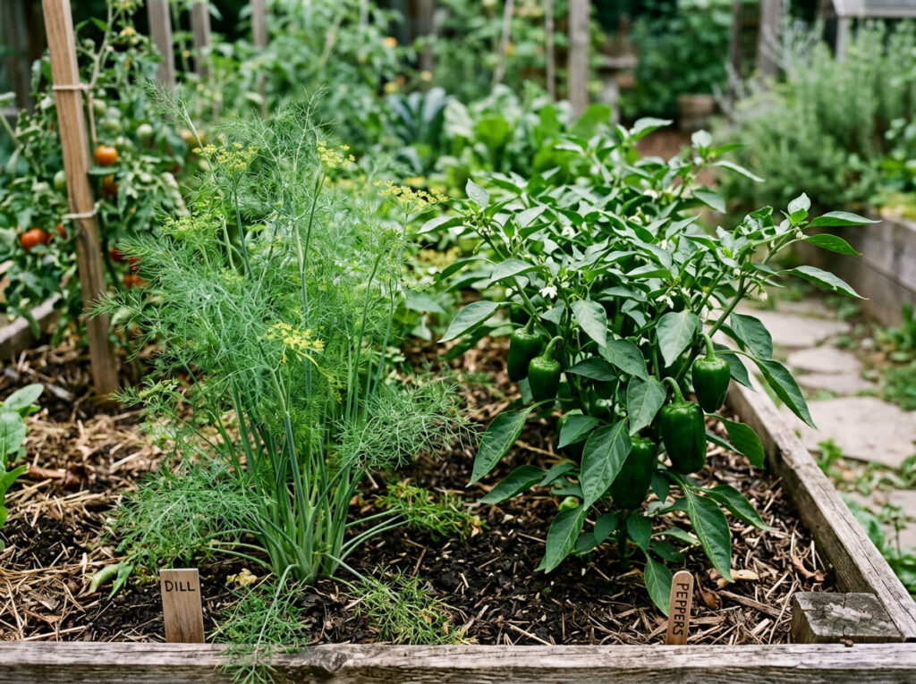 Companion planting for vegetables with dill planted near pepper plants.