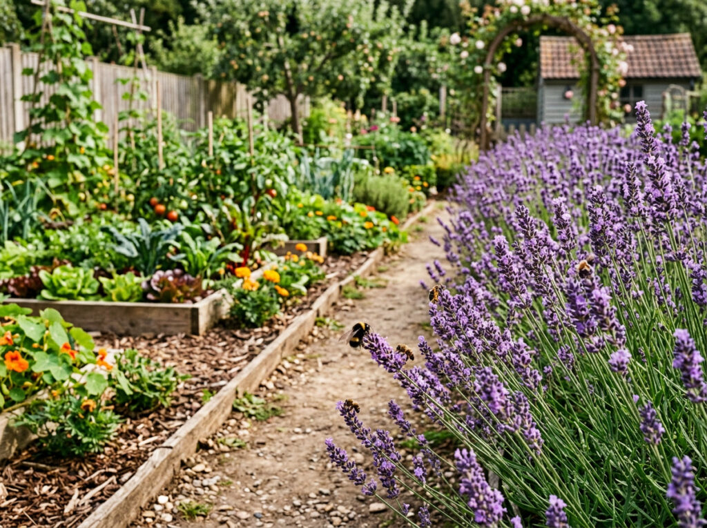 Companion planting for vegetables using lavender along a garden border to attract pollinators.