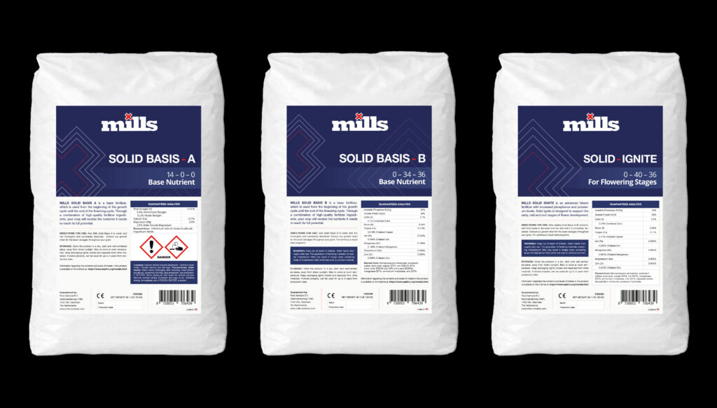 Mills Solids product range with Solid A, Solid B and Solid Ignite nutrient bags arranged on a black studio background
