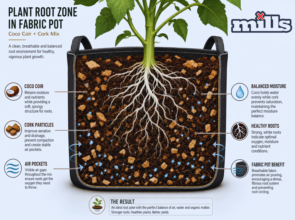 Infographic showing a fabric grow bag with a root zone cutaway, coco coir, cork particles, air spaces, moisture balance and roots. (Root Zone Structure)