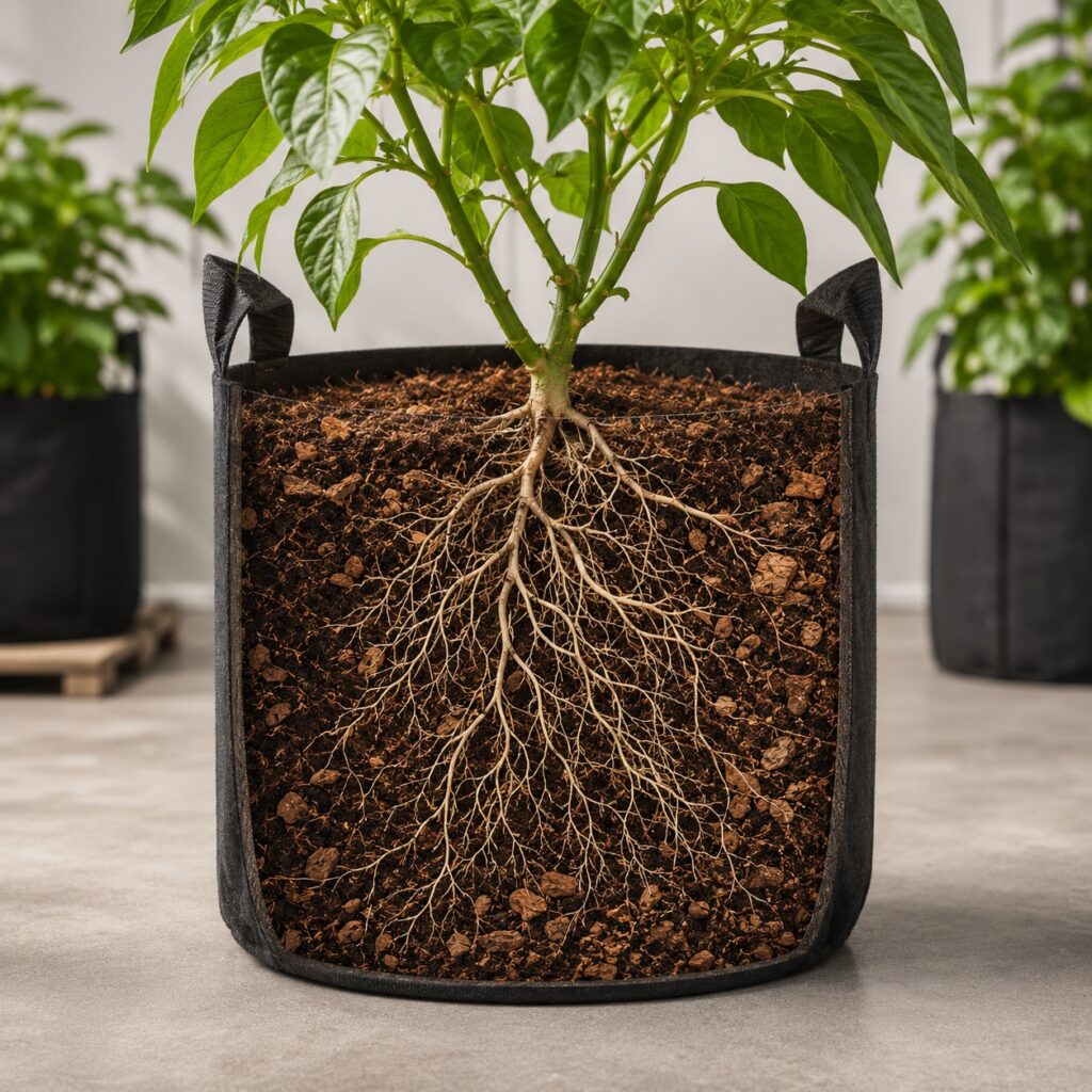 Cutaway view of a fabric grow bag showing a healthy root system spreading through a coco and cork growing medium. (Root Zone Structure)