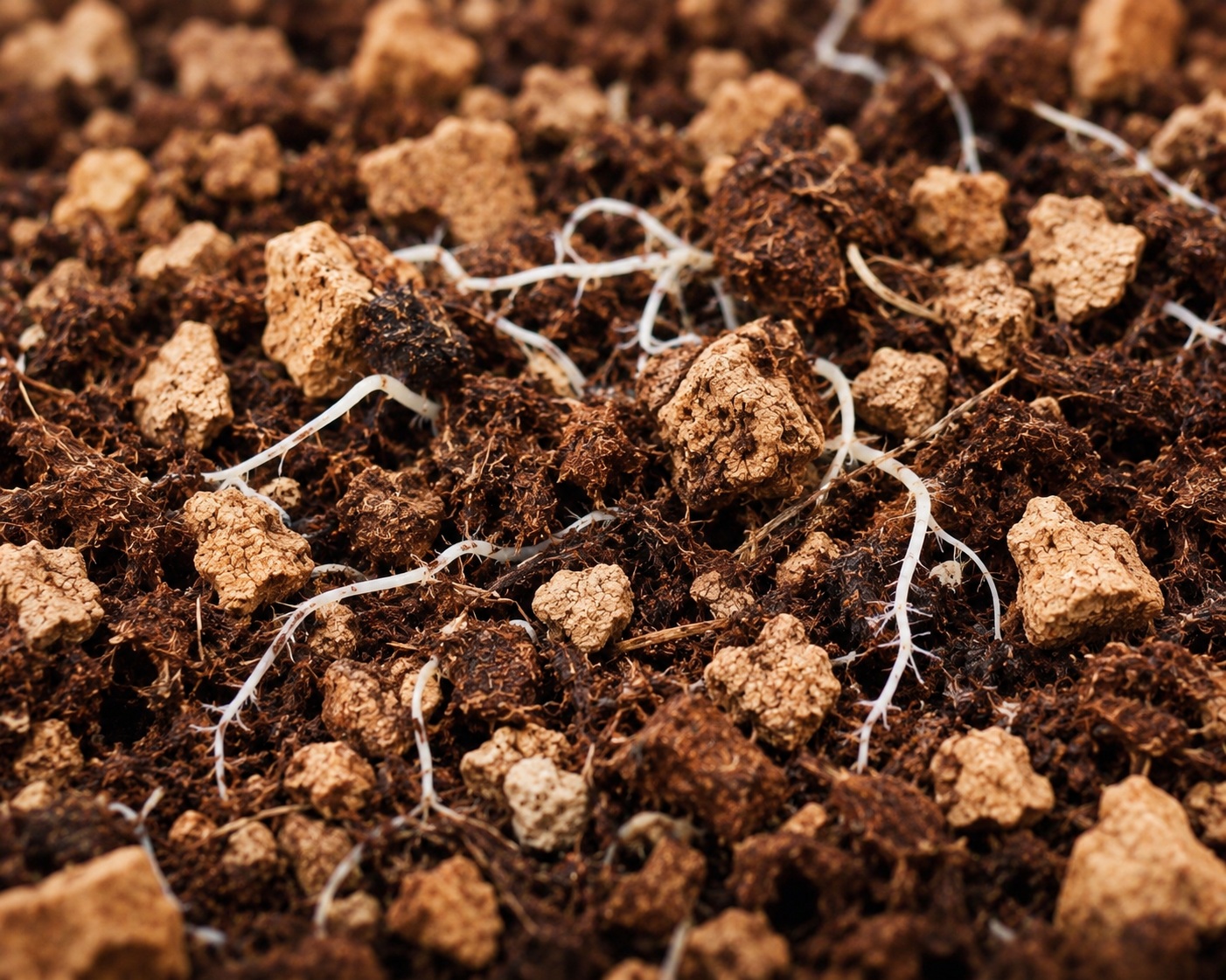 Close up of fine white roots growing through dark coco coir mixed with small light brown cork pieces. (Root Zone Structure)