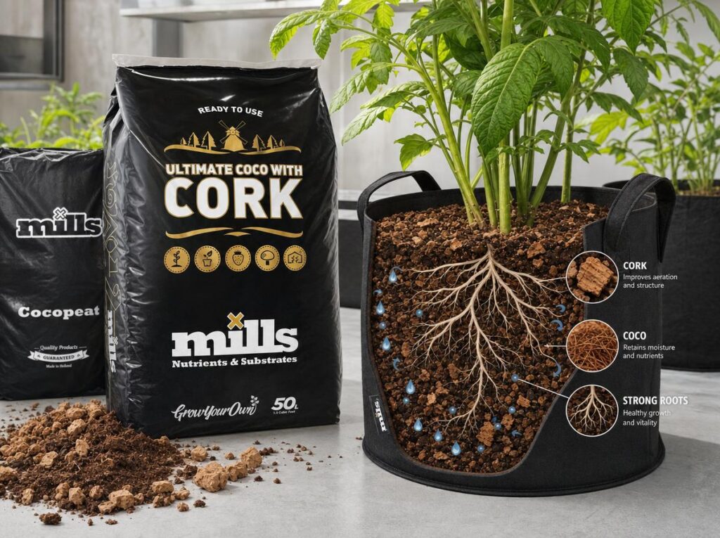 Fabric grow bag with visible roots growing through coco and cork medium beside bags of growing substrate in an indoor growing space.