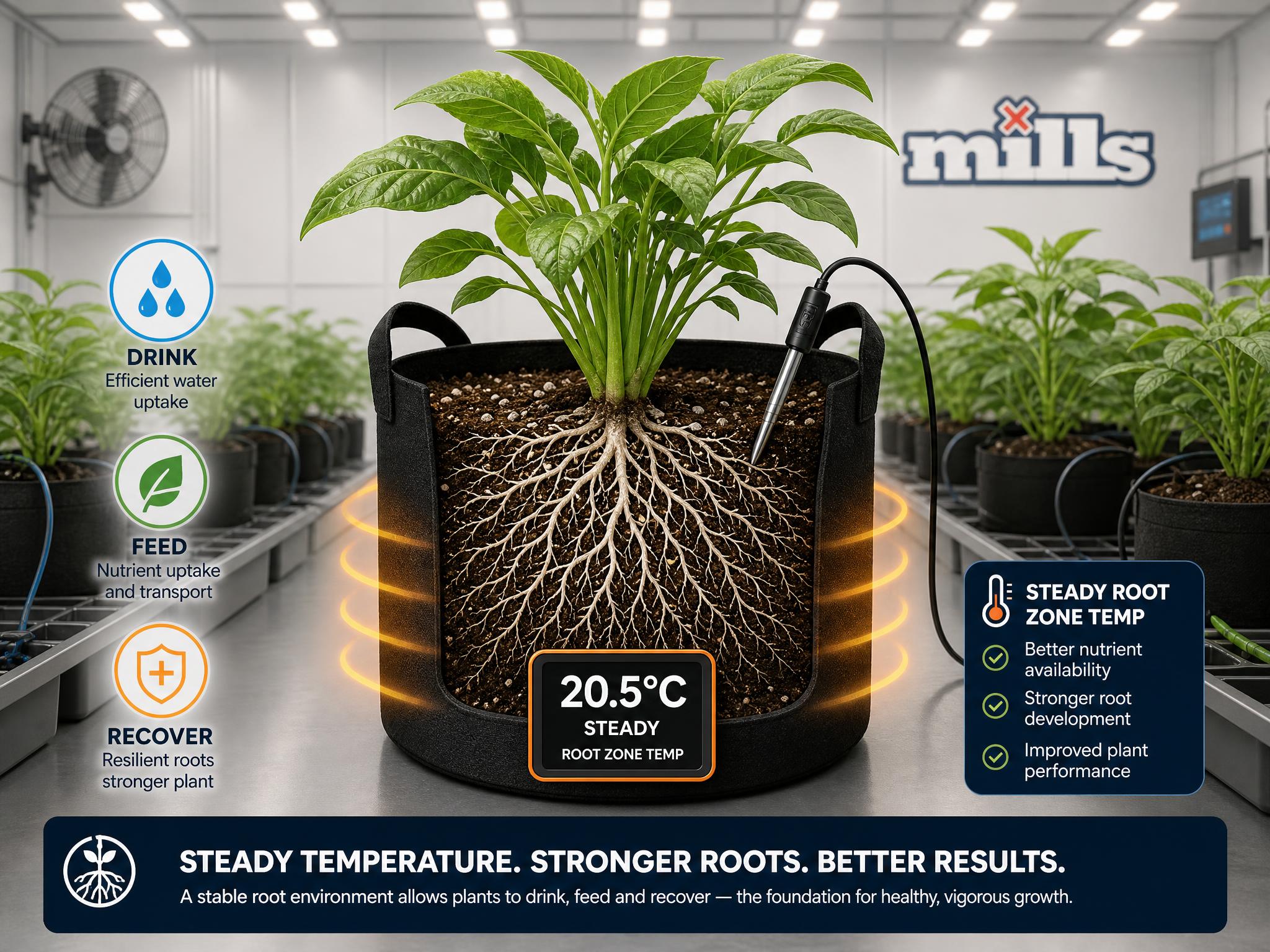 Illustration of a crop plant showing warm canopy temperature and cooler root zone temperature with a probe in the growing medium.