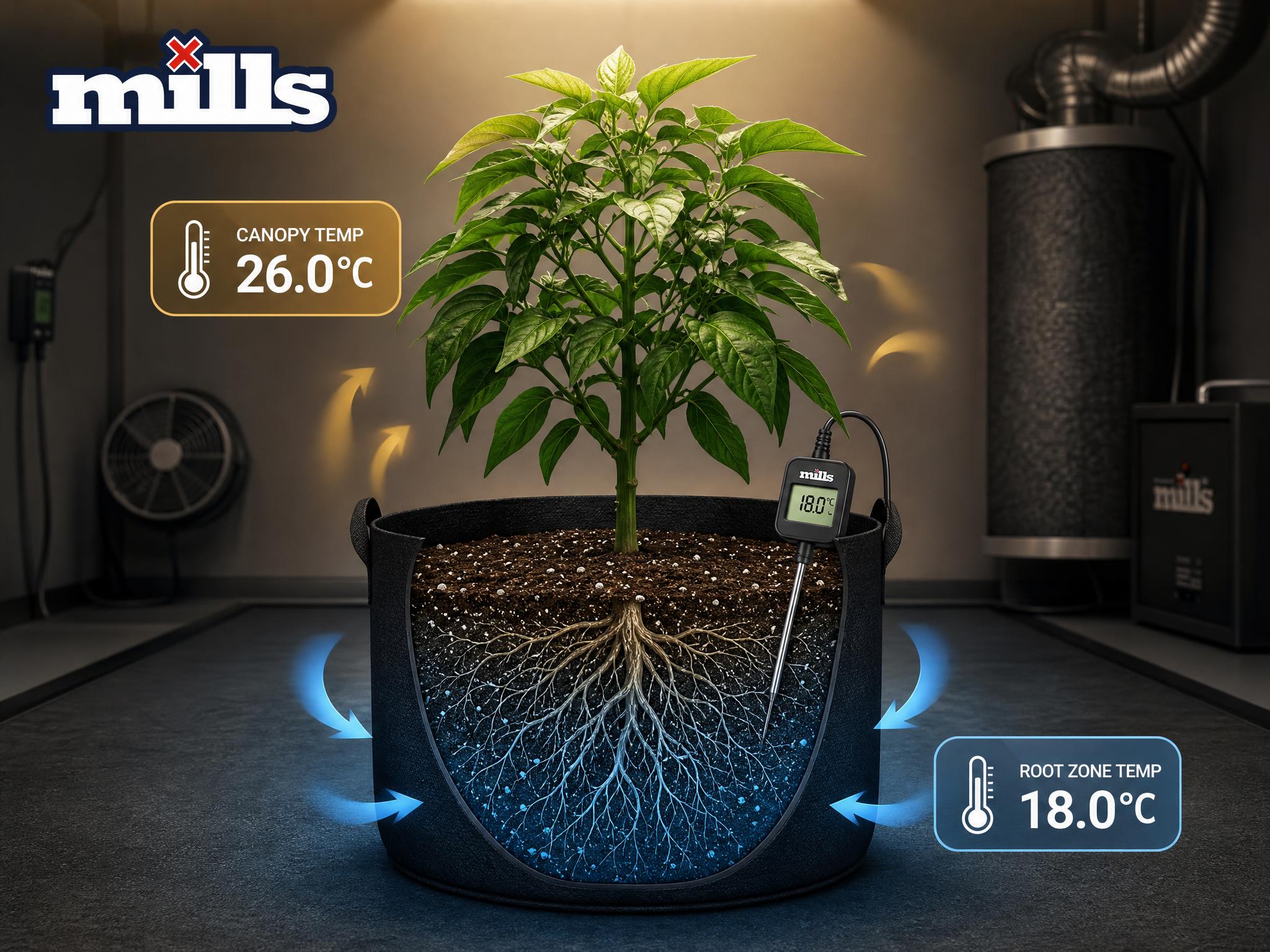 Cutaway illustration showing a cool root zone where water and nutrients move more slowly through the growing medium.