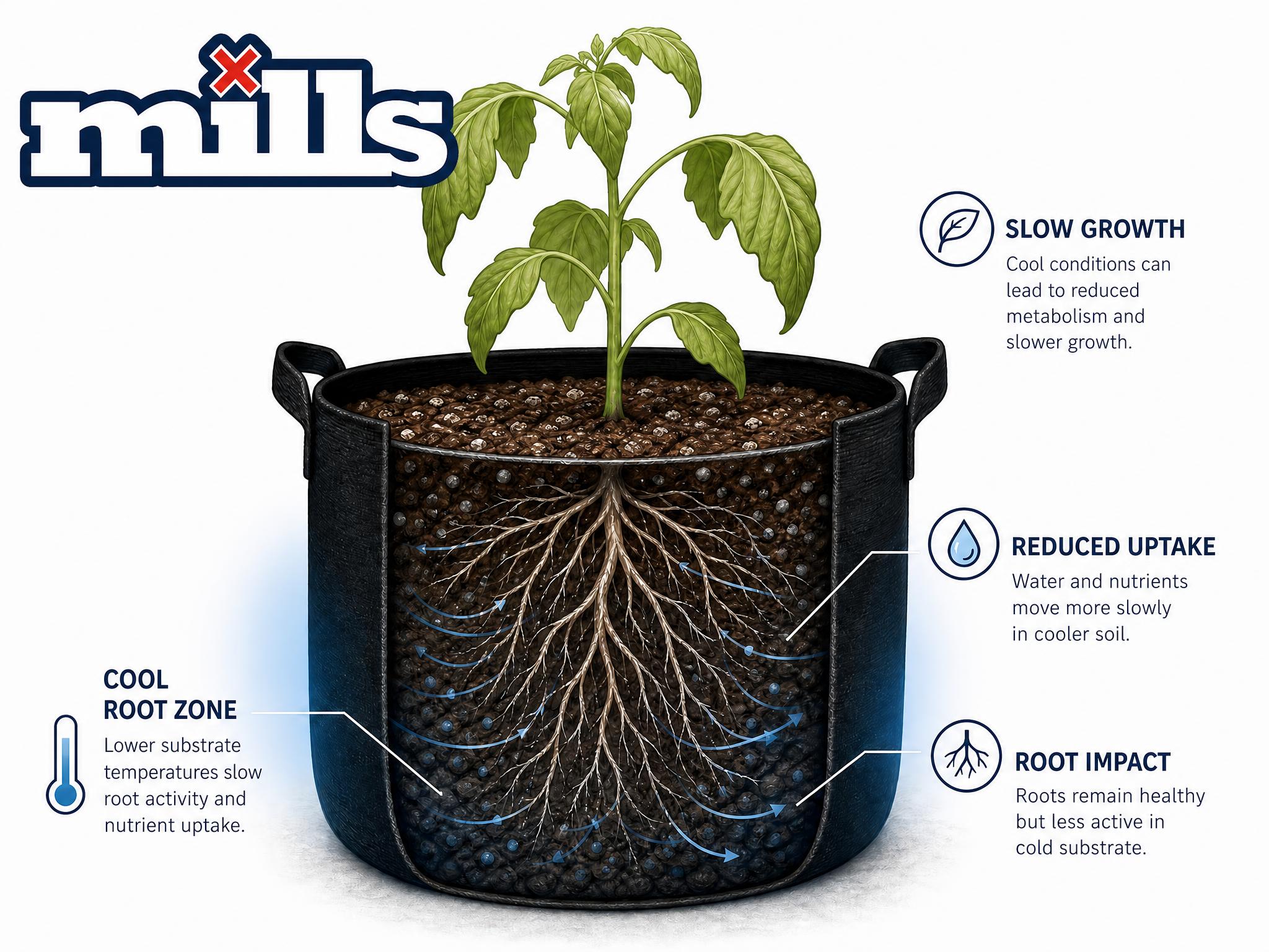 Illustration of a crop plant with a steady root zone temperature, active roots and icons for water uptake, nutrient uptake and recovery.